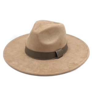 Classic wide brim suede jazz hat in camel with a dark brown ribbon decoration