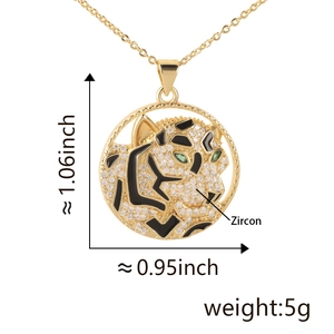 Detail view of tiger pendant necklace with zircon inlay and exact dimension markings