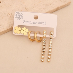 3-pair stainless steel earring set featuring clover studs and long rhinestone drops