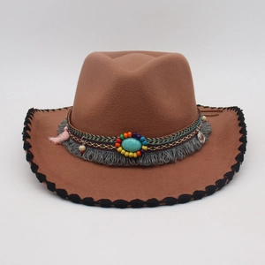 Western Cowboy Hat Cotton Polyester Felt Ethnic Bohemian Style With Turquoise Beads Tassels For Men Women Travel