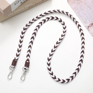 Brown and white braided crossbody phone strap with metal lobster clasps for women