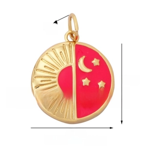 Detail of 15mm sun and moon pendant with red enamel and golden celestial star patterns