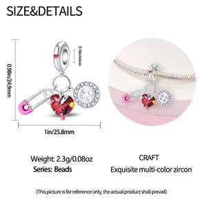 Size specifications of silver sewing charms with pink safety pin and heart pendant