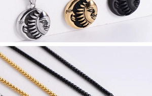 Macro detail of vintage sun and moon embossed titanium steel pendant necklaces in three colors