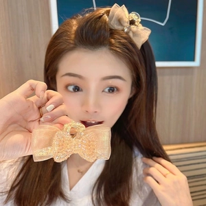 Vue détaillée d'une pince à cheveux en gaze champagne ornée de strass brillants
