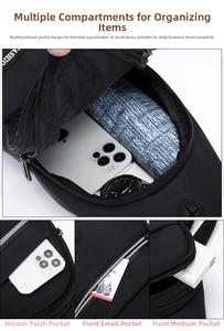 Detail view of multi-compartment business chest bag showing internal storage and hidden pockets