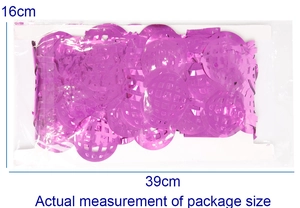 Package size detail of purple disco ball fringe curtain measuring 39cm by 16cm