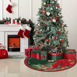 90cm green Christmas tree skirt with festive poinsettia print and Feliz Natal text