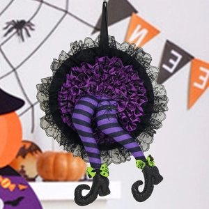 Halloween Witch Leg Wreath Hanging Ornament Striped Fabric Lace Glitter Boots Party Decor Props