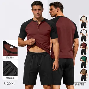 Men Henley Short Sleeve Shirt And Shorts Summer Waffle Knit Breathable Casual Sports Color Block Raglan Sleeves