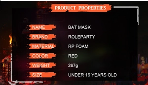 Detailed technical specifications for the red foam bat mask on a dark Halloween background
