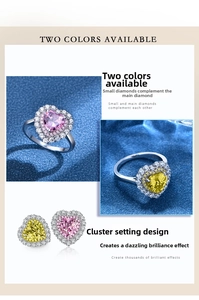 Macro detail of heart-cut pink and yellow high-carbon diamond earrings in S925 silver
