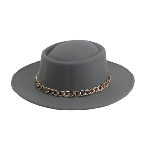 Close-up of a grey wool fedora hat featuring a chunky gold metal chain band decoration