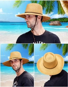 Chapeau de soleil pliable en paille pour hommes avec large bord et cordelette ajustable