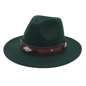 Detail of dark green wool fedora with brown leather band and silver western buckle