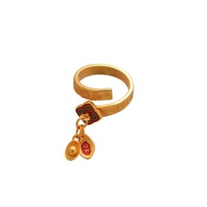 Golden open ring with ingot and lucky charms in vintage Chinese style aesthetic