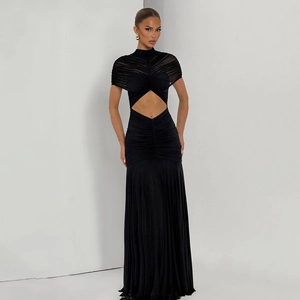 Women Sexy Hollow Out Ruched Evening Dress Mock Neck Mesh Mermaid Maxi Gown For Party Banquet Formal Occasion