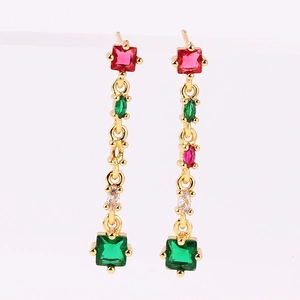 Geometric Drop Earrings 18K Gold Plated Brass Cubic Zirconia Colorful Long Fringe Fashion Jewelry For Women