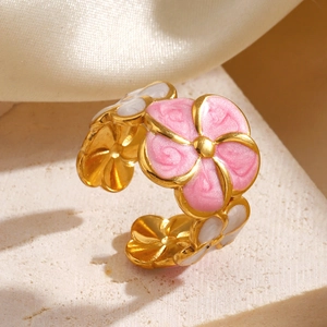 Stainless Steel Flower Ring Gold Plated Pink White Enamel Adjustable Open Band Fashion Jewelry For Women