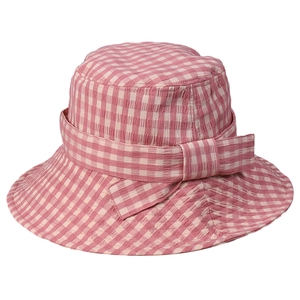 Pink plaid bucket hat with bow detail, stylish sun protection for summer outdoor travel