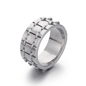 Silver stainless steel punk motorcycle ring with industrial rivet texture design