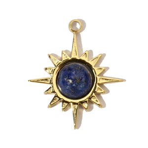 Detailed view of sunburst gold pendant featuring a round blue lapis lazuli stone inlay