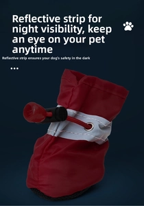 Macro shot of red waterproof dog shoe with reflective strap and adjustable drawstring buckle