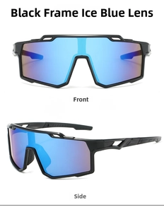 Front and side views of black cycling sunglasses with ice blue mirrored lenses