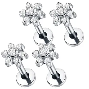 Set of four G23 titanium labret studs with zircon flower design for ear and lip piercings