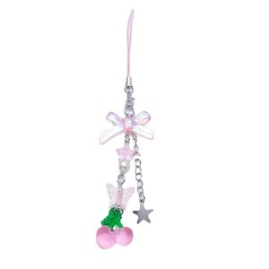 Pink bow and cherry phone charm with star pendant on white background