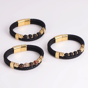 Braided leather bracelet with natural stones and gold magnetic buckle for men