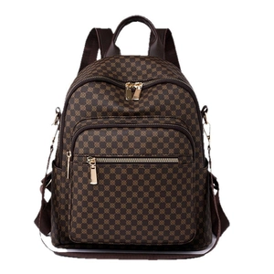 Brown high-capacity waterproof backpack with gold hardware and circular patterns