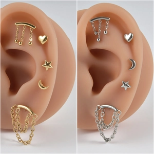 Lot de boucles d'oreilles cartilage en acier doré et argenté avec charms cœur lune étoile