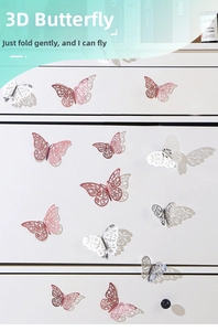 Detailed close-up of 3D hollow butterfly wall stickers in rose gold and silver finish