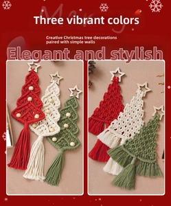 Detail of three handmade macrame Christmas trees with wooden stars and tassels