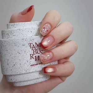 French Style Press On Nails Cat Eye Shimmer Red Tips Glitter Flower Design Sweet Elegant Artificial Nails For Women