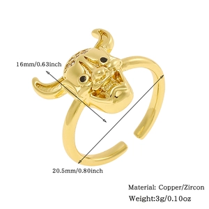 Detail view of 18K gold plated mask ring with zircon dimensions and weight specs