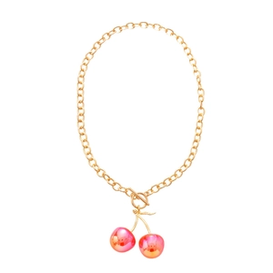 Chic gold chain necklace with sweet pink gradient resin cherry pendant and OT toggle clasp
