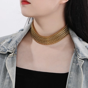 Wide woven 18k gold plated titanium steel choker necklace for men and women