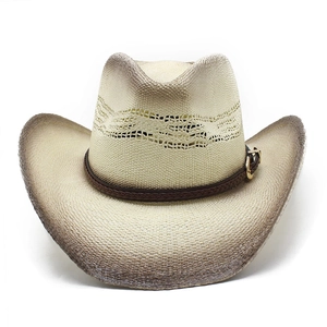 Men's vintage hand-woven ivory Panama cowboy hat with gradient brim and leather band