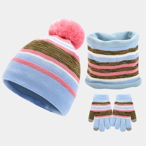 Detail of kids winter knit set with blue pink striped beanie neck warmer and gloves