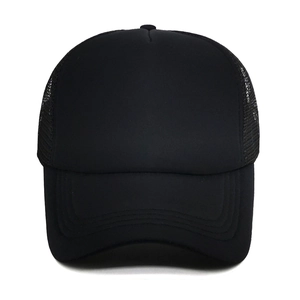Classic black mesh trucker hat with breathable polyester back and curved brim for unisex wear