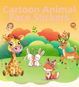 Detailed view of colorful cartoon animal face tattoos featuring lion, fox, and giraffe designs