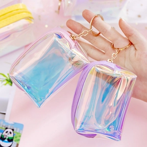 Compact laser holographic PVC coin purse with metal keychain and iridescent finish