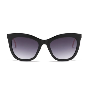 Stylish cat-eye sunglasses with black frame and purple gradient lenses on white background
