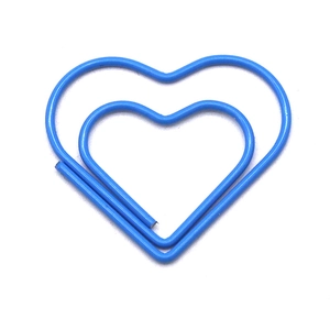 Blue heart-shaped metal paperclip shown in a minimalist center view on white background