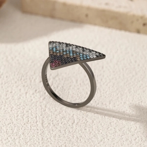 S925 sterling silver inverted triangle ring with colorful pavé crystals and dark finish