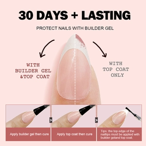 Guide d'application faux ongles amande avec gel de construction et finition 30 jours