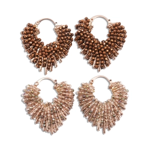 Vintage heart-shaped glass beaded hoop earrings in dark brown and champagne colors