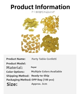 Detailed specs for gold glitter confetti featuring crown heart and ring shapes in 100pcs pack